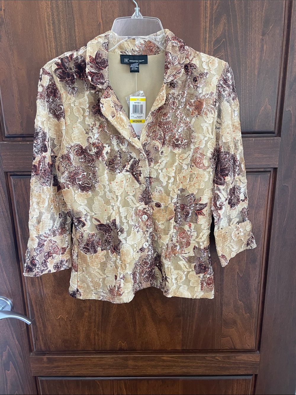 INC International Concepts Beige and Brown Floral Lace Button-Front Jacket